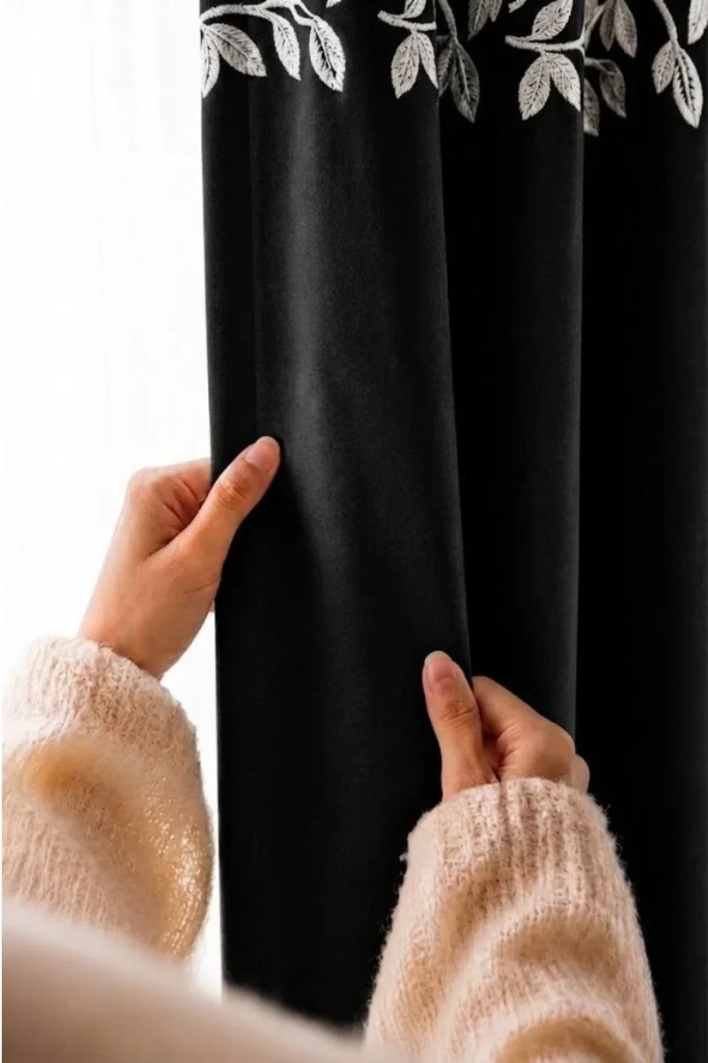 Alternative view of BLACK FLORAL VINE VELVET CURTAINS - SET OF 2 PANELS