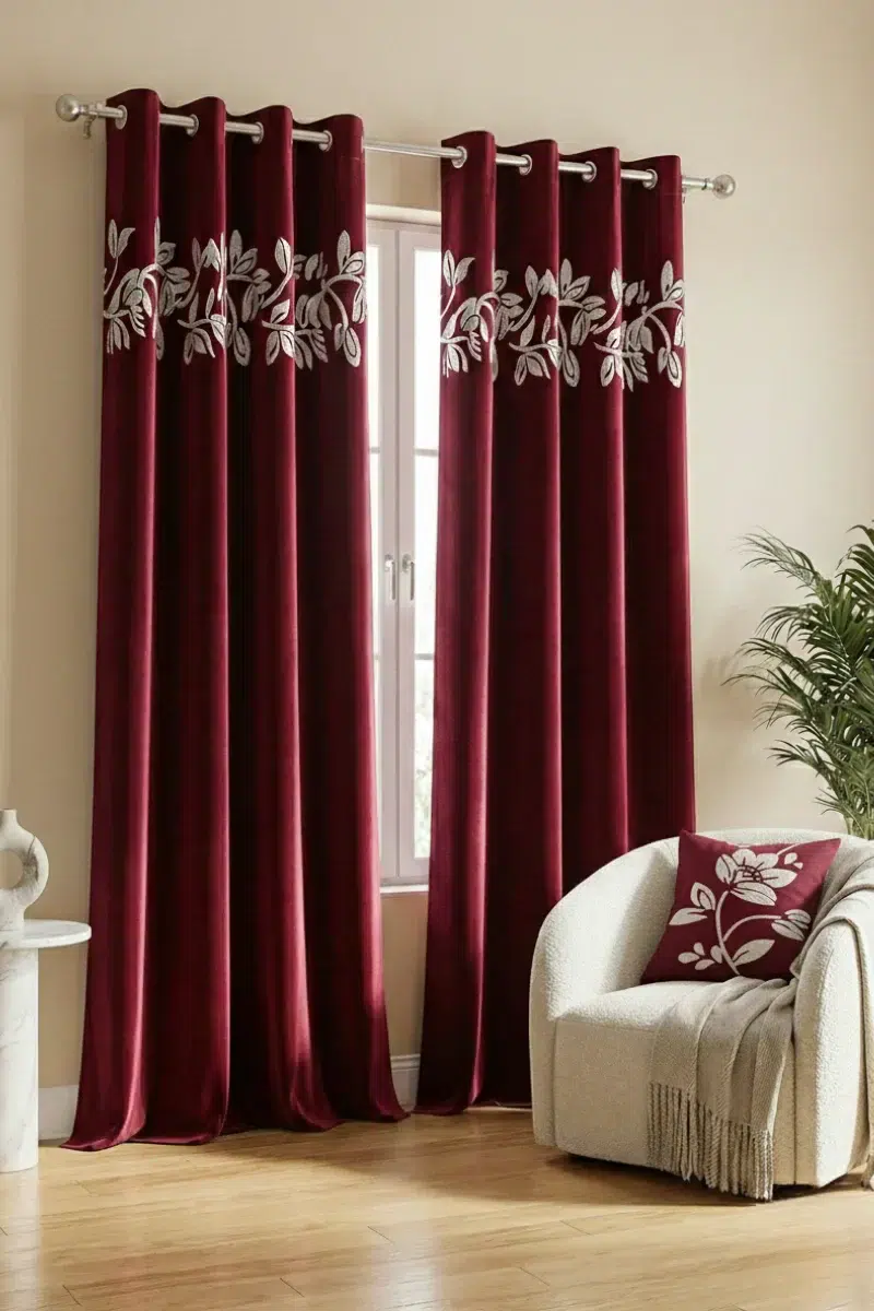 Luxury Velvet Curtains floral vine maroon