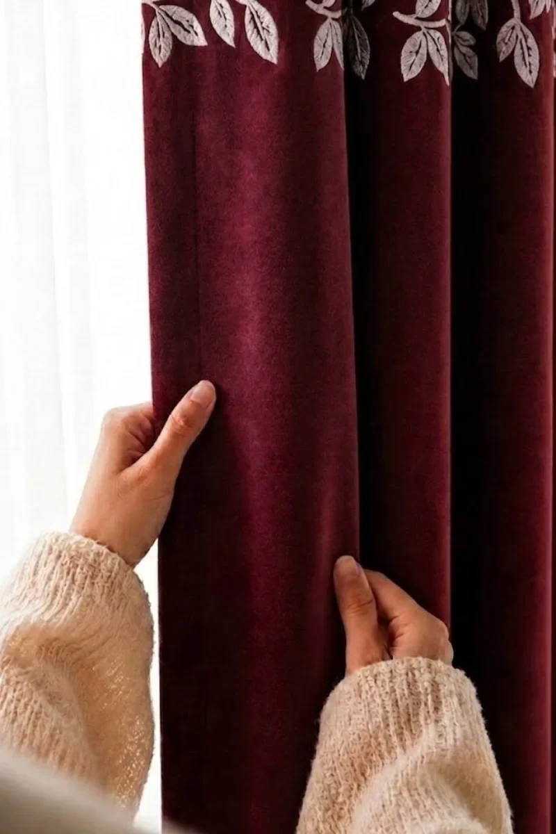 Luxury Velvet Curtains floral vine maroon1