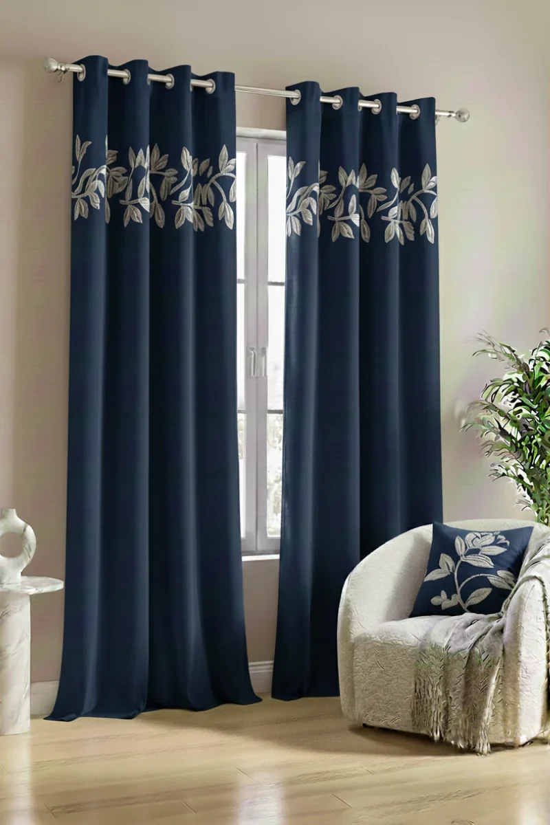 Luxury Velvet Curtains floral vine navyblue