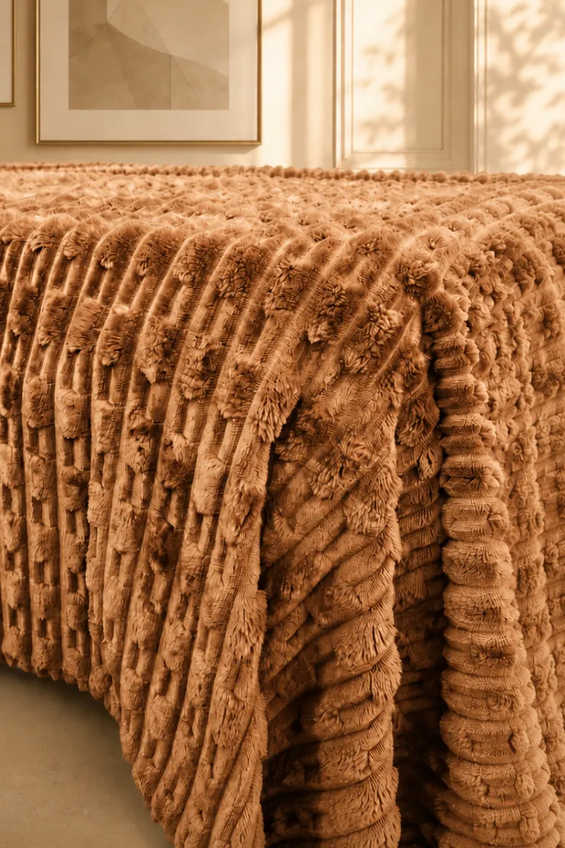Alternative view of TEXTURED PLUSH BLANKET - CARAMEL BROWN