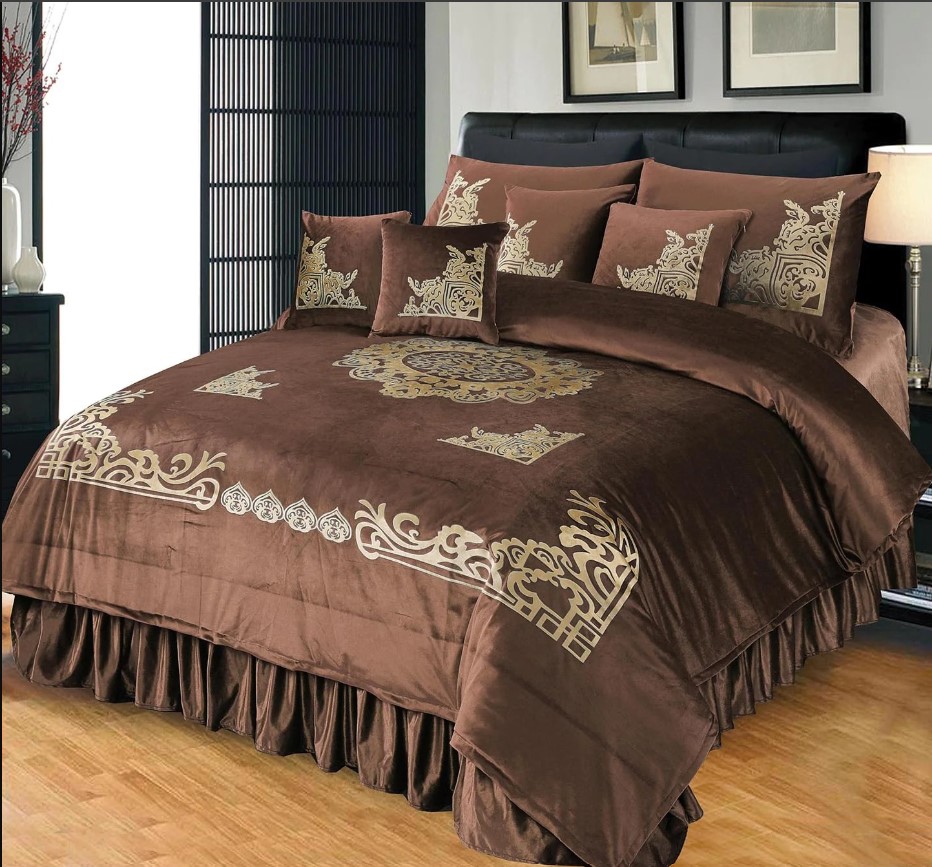 Embossed Velvet Bridal Bed Set Brown1