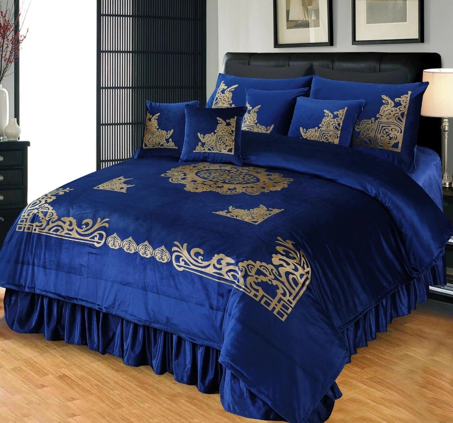 Luxury Embossed Velvet Bridal Bed Set Navy Blue PCS HB