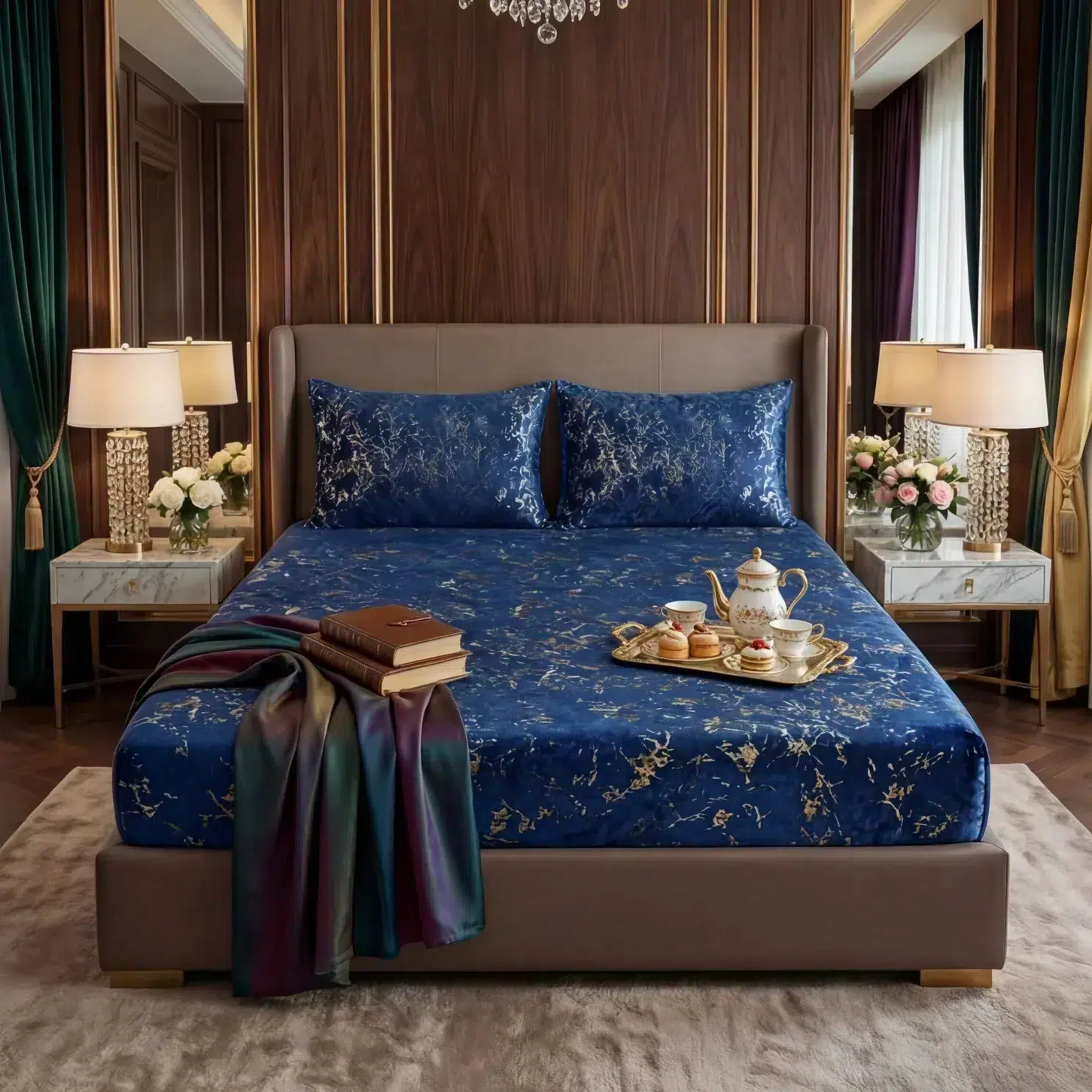 Velvet Fitted Bed Sheet blue t