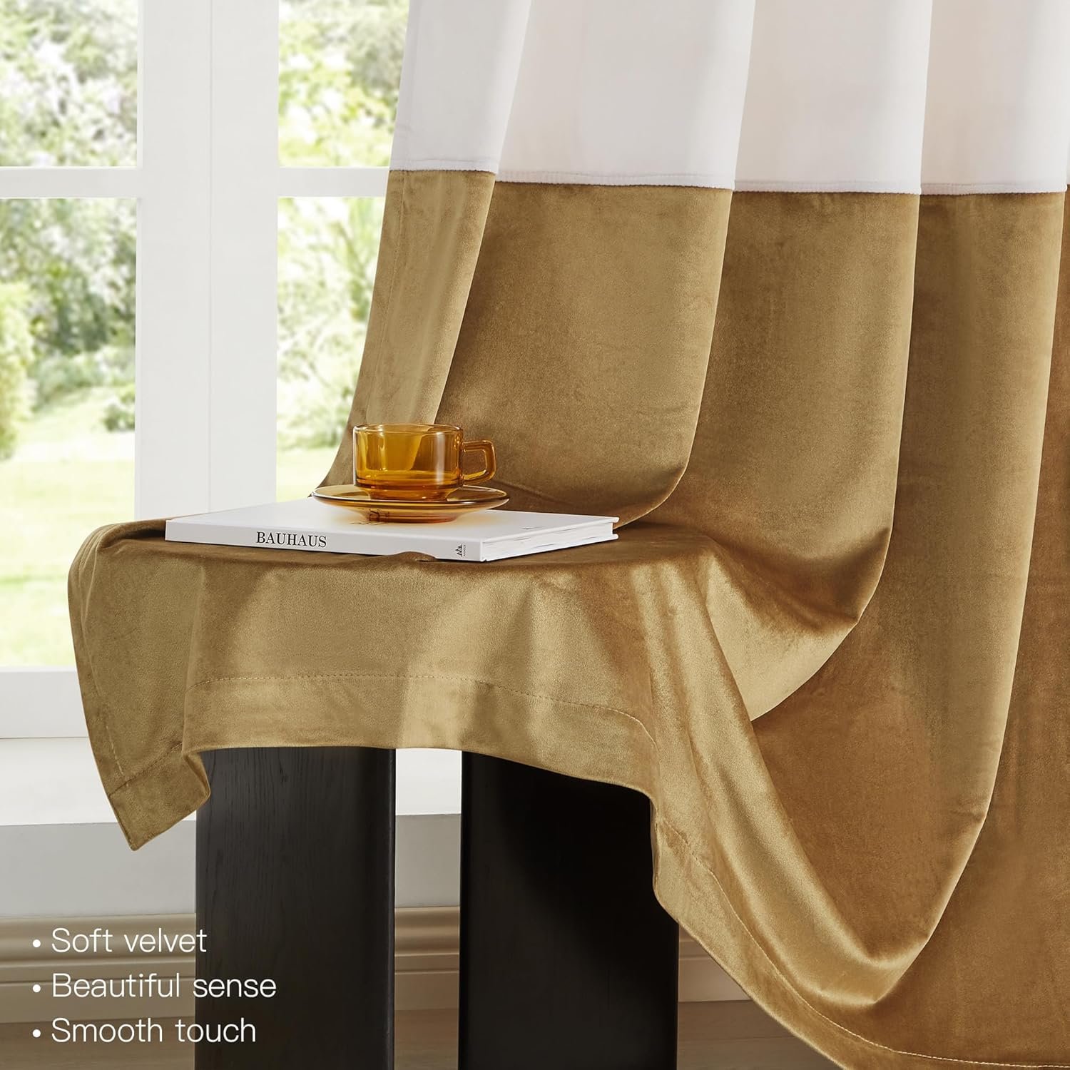 Alternative view of Premium Velvet Blackout Curtains Cream & Gold ( 2 Curtains Set )