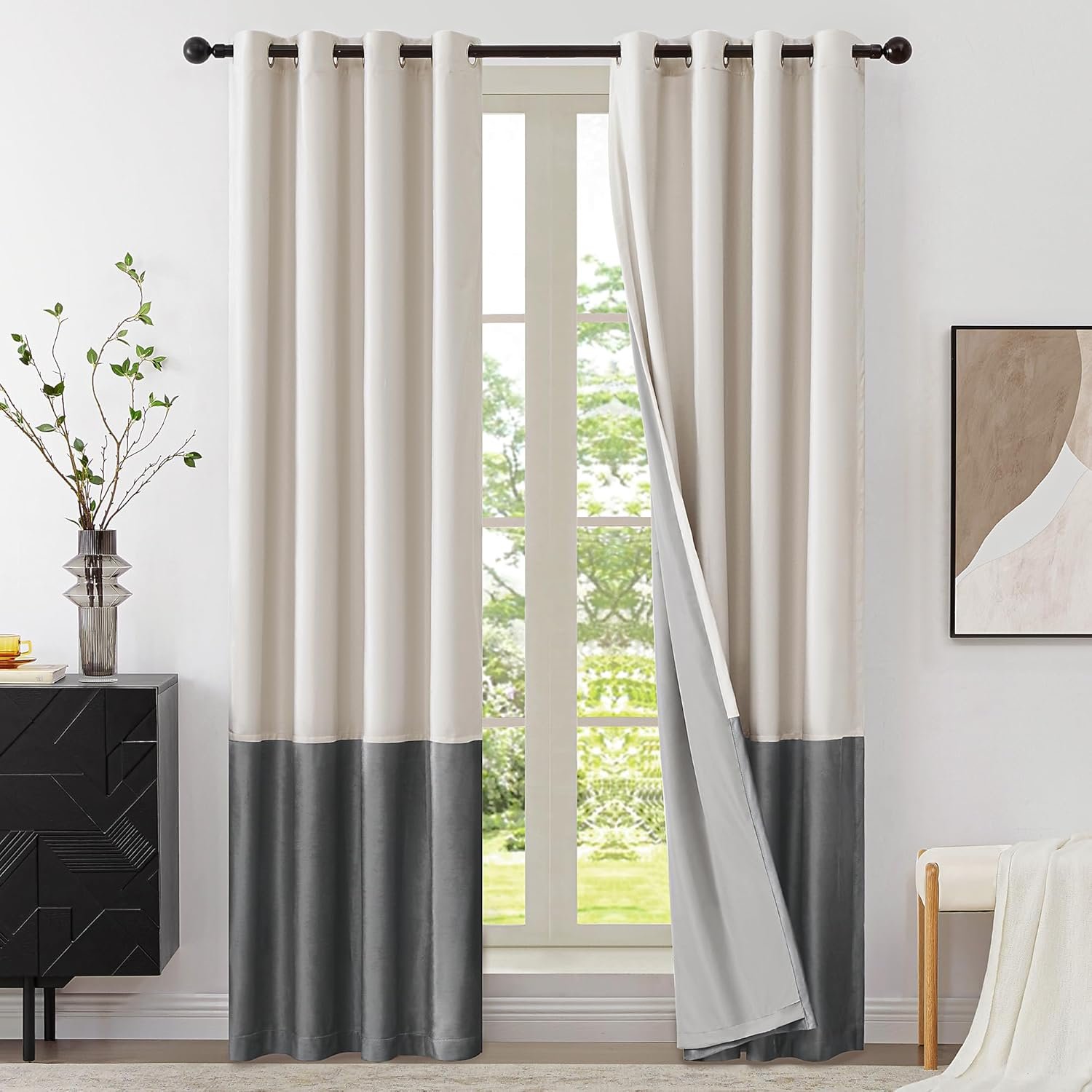 Velvet blackout curtains cream and grey
