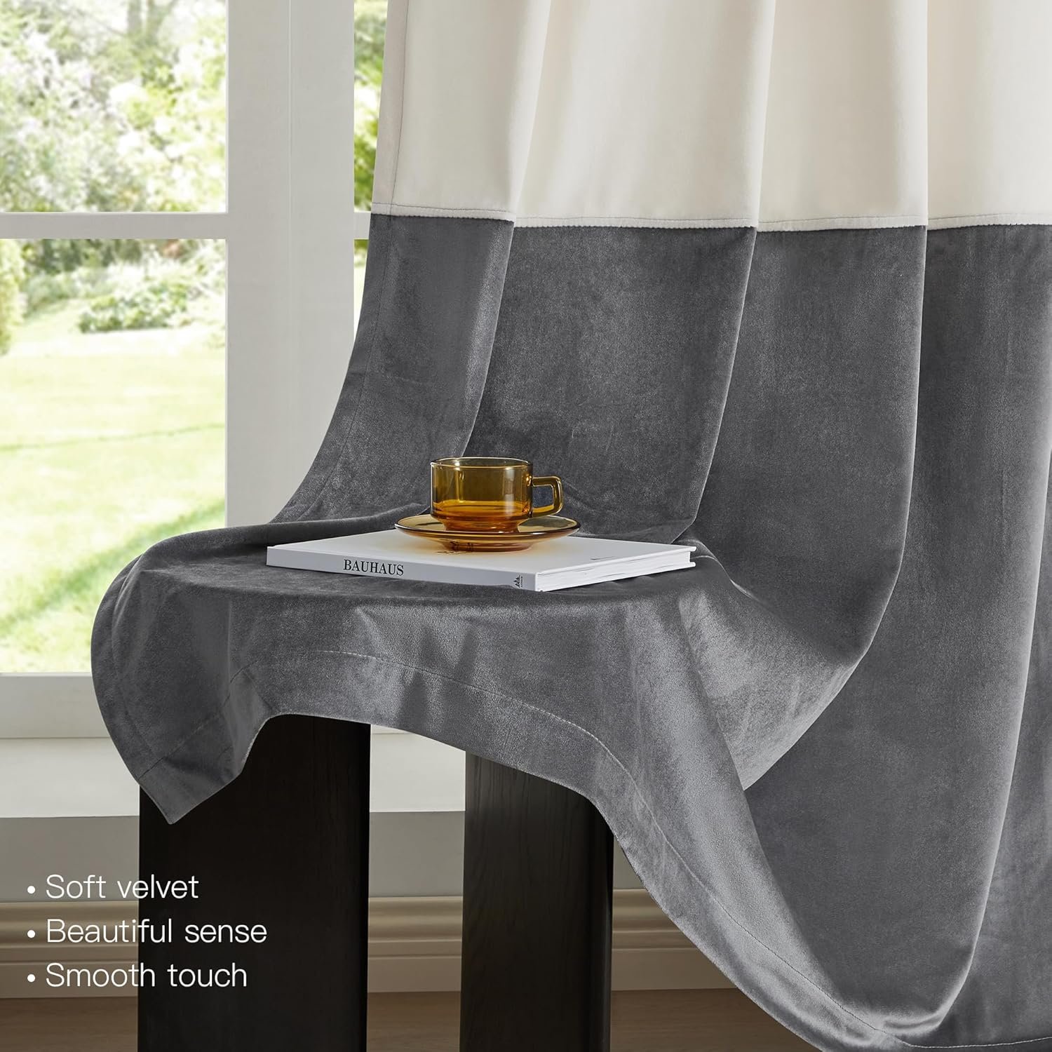 Alternative view of Premium Velvet Blackout Curtains Cream & Grey ( 2 Curtains Set )