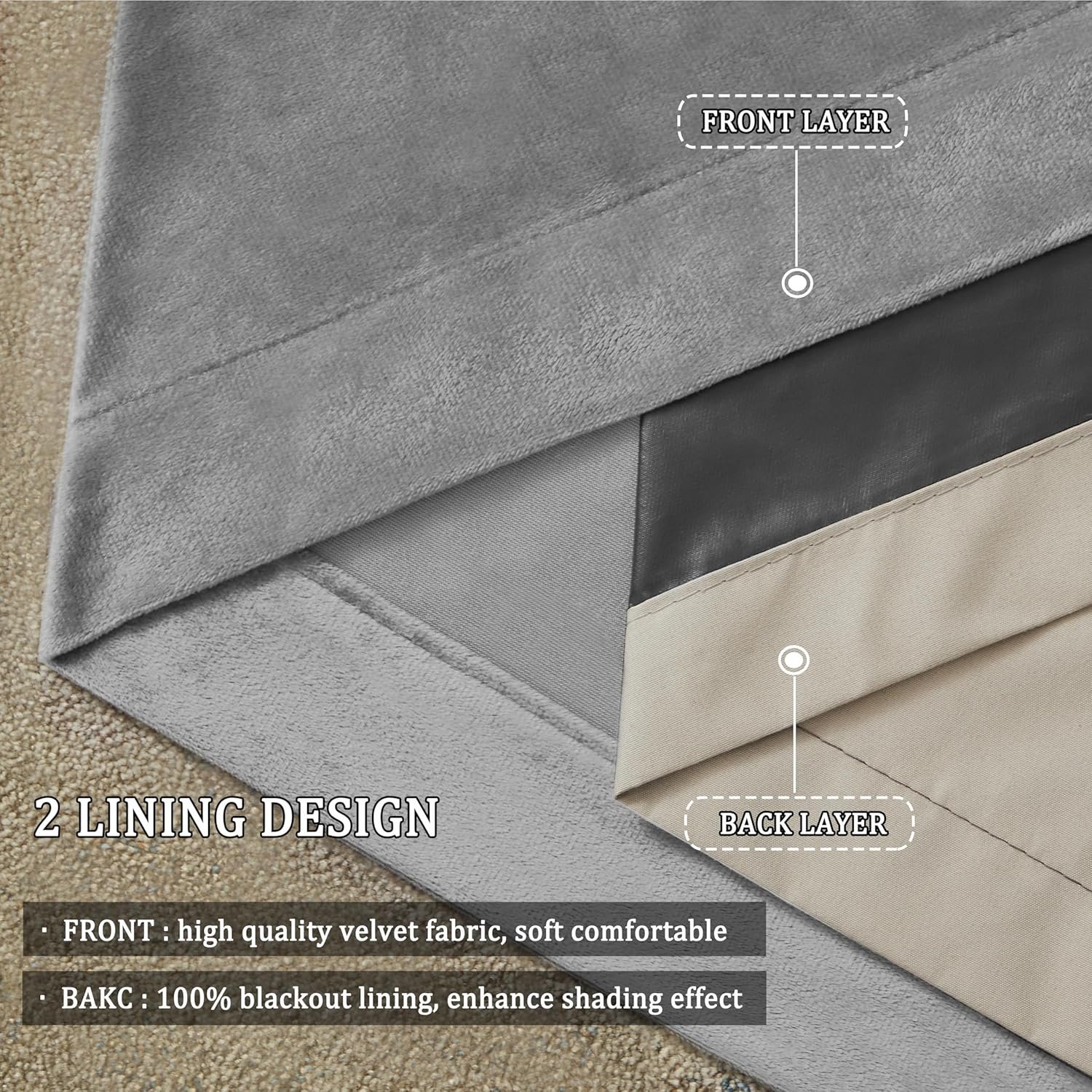 Alternative view of Premium Velvet Blackout Curtains Grey ( 2 Curtains Set )