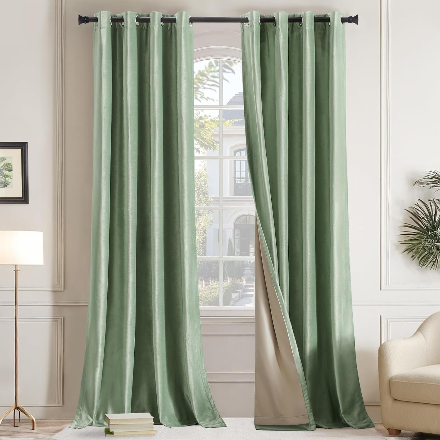 Velvet blackout curtains sage green