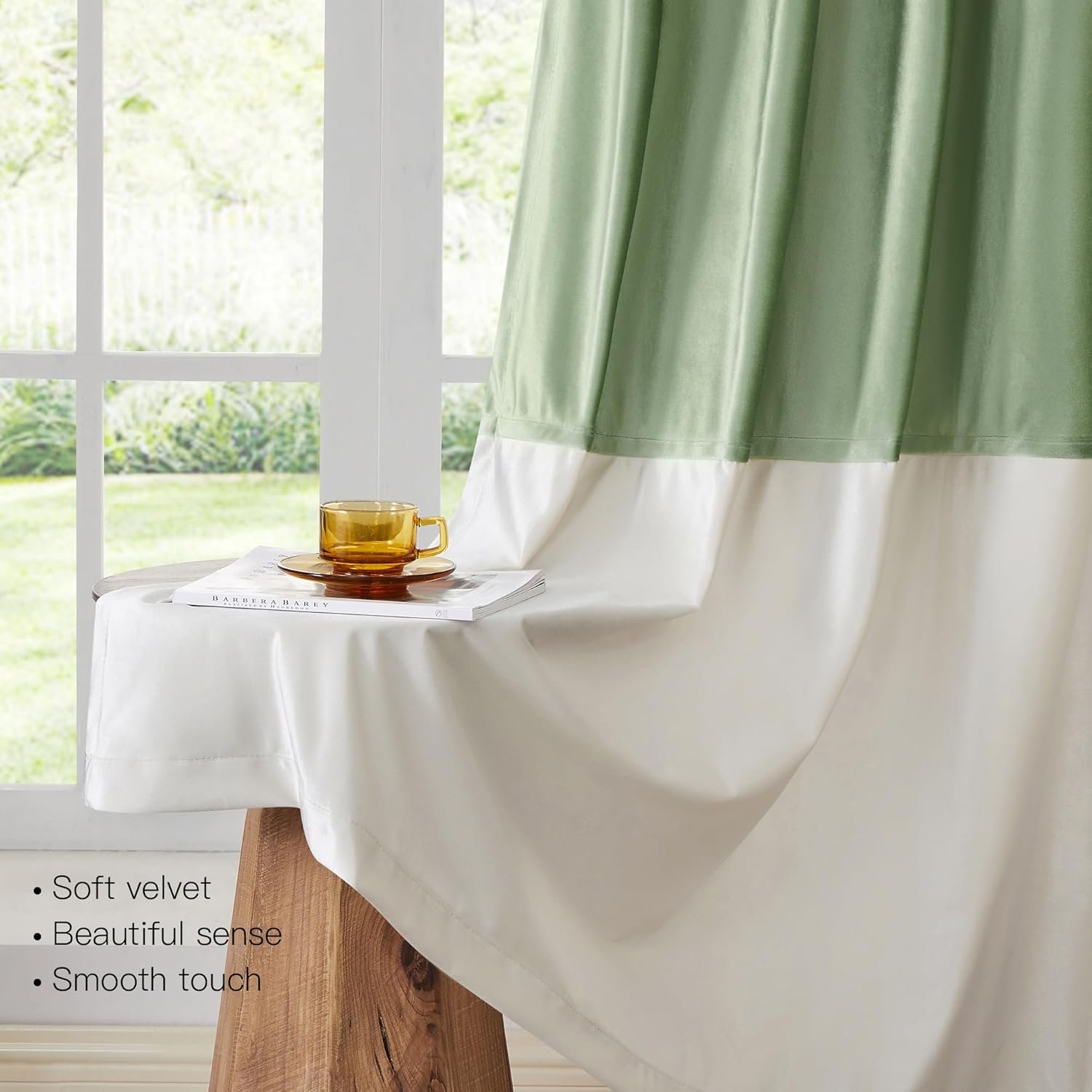 Alternative view of Premium Velvet Blackout Curtains Sage Green & Cream ( 2 Curtains Set )
