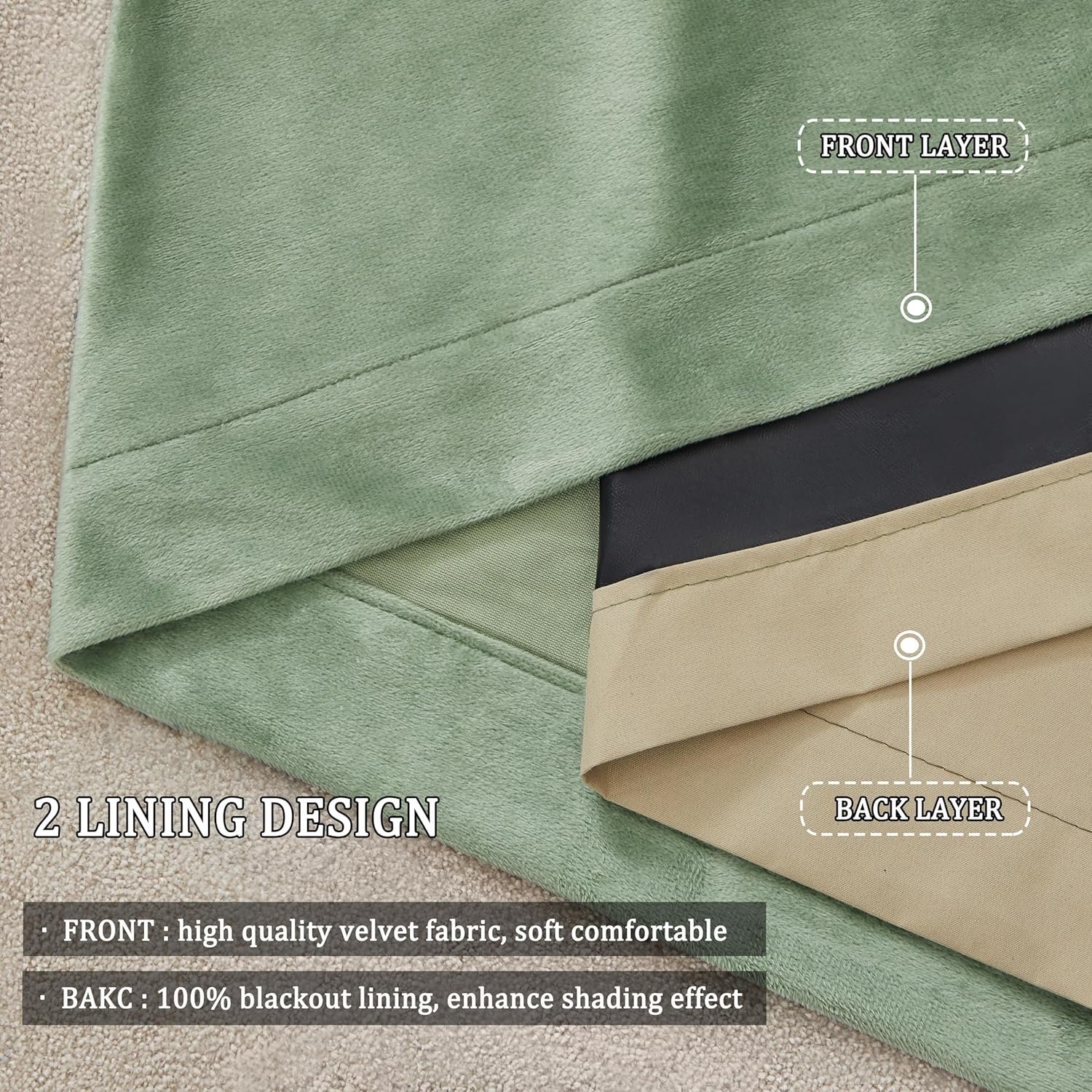 Alternative view of Premium Velvet Blackout Curtains Sage Green ( 2 Curtains Set )