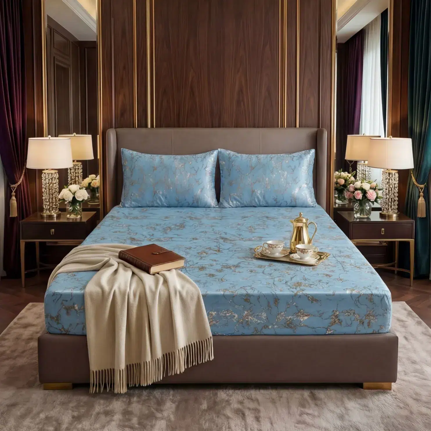 Velvet Fitted Bed Sheet sky blue t