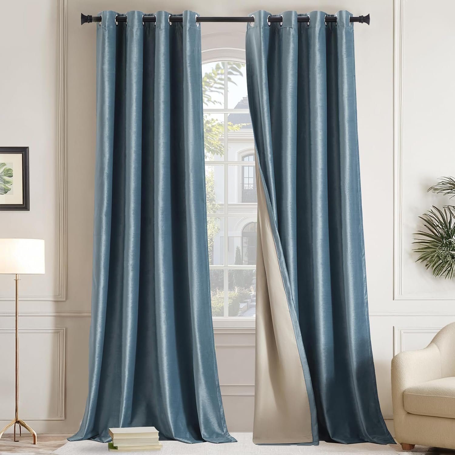 Velvet blackout curtains stone blue